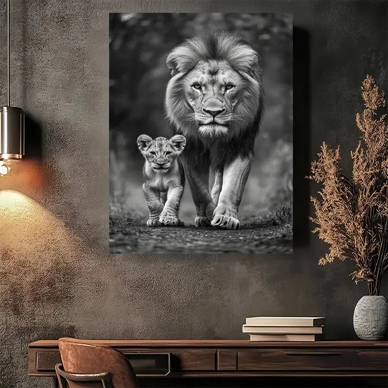 Beautiful Lion Family Black & White Vintage Painting 40x60cm Metal Print Ready to Hang - Bella Home Decor