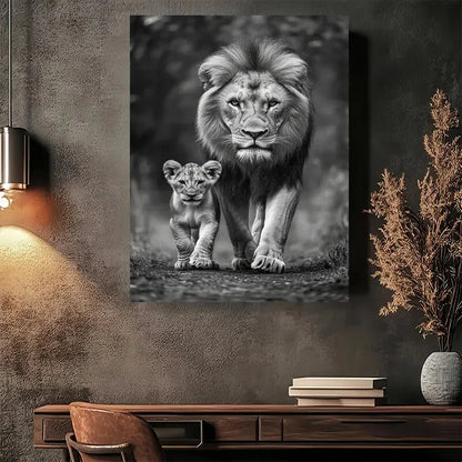 Beautiful Lion Family Black & White Vintage Painting 40x60cm Metal Print Ready to Hang - Bella Home Decor