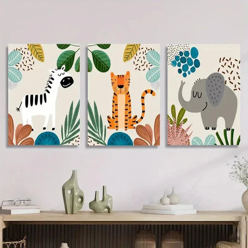 3pcs Zebra and lion elephant, watercolor style Wall Art Set Canvas Unframed - High Quality Print 100% Australian Made Wall Canvas