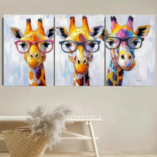 3pcs Colorful Giraffe With Glasses Wall Art Set Canvas Framed 40x60cm - High Quality Print 100% Australian Made Wall Canvas Ready to Hang