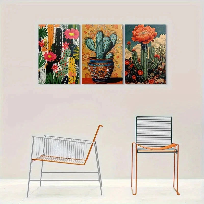 3pcs Colorful Cactus Desert Plant Painting Metal Print Ready to Hang Art - Bella Home Decor