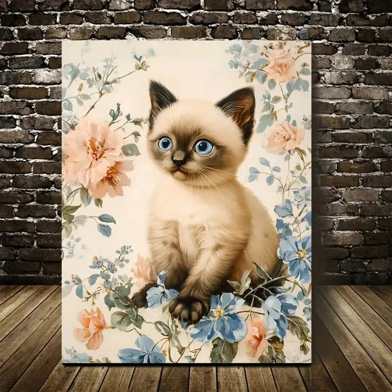 Cute Siamese Kitten with Blue Eyes & Floral Painting 40x60cm Metal Print Ready to Hang - Bella Home Decor