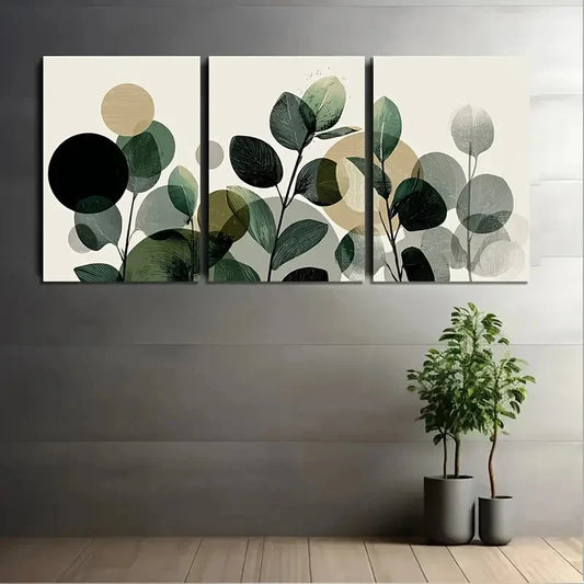 3pcs Green Leaves And Plants With Circles  Wall Art Set Canvas Framed 60x90cm - High Quality Print 100% Australian Made Wall Canvas Ready to Hang