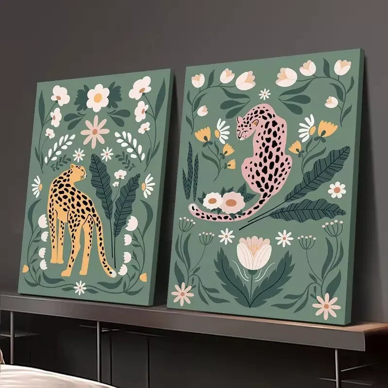 2pcs Decorative Painting, Cheetah, Feline, Floral Botanical Canvas Framed 50x75cm - High Quality Print 100% Australian Made Wall Canvas Ready to Hang - Bella Home Decor