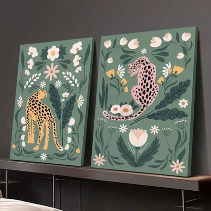 2pcs Decorative Painting, Cheetah, Feline, Floral Botanical Canvas Framed 50x75cm - High Quality Print 100% Australian Made Wall Canvas Ready to Hang - Bella Home Decor