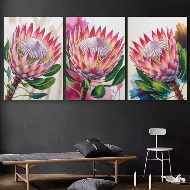 3pcs Protea Flower, Green Leaves Wall Art Set Canvas Framed 50x70cm - High Quality Print 100% Australian Made Wall Canvas Ready to Hang