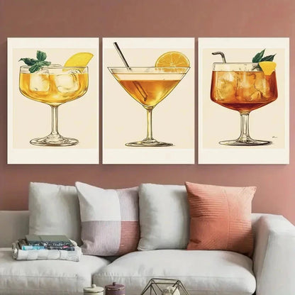 3pcs Bee'S Knees Cocktail Vintage Retro Gin Bar Wall Art Set Canvas Framed 40x60cm - High Quality Print 100% Australian Made Wall Canvas Ready to Hang - Bella Home Decor