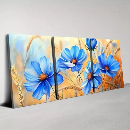 3pcs Charming Bohemian Blue Florals Canvas Unframed - High Quality Print 100% Australian Made Wall Canvas
