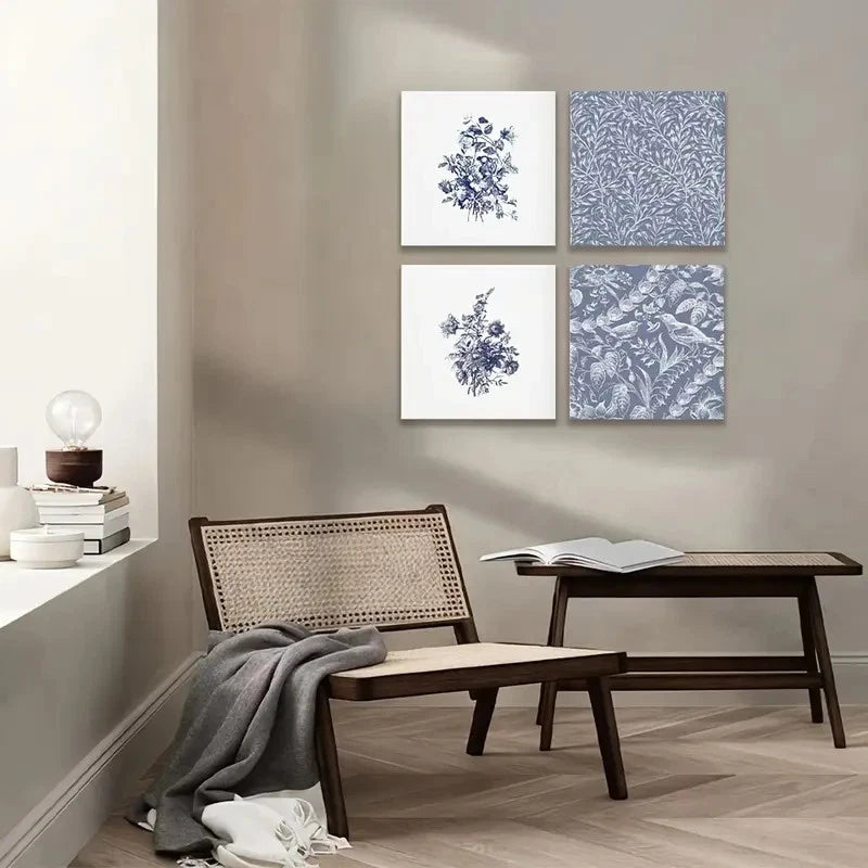4pcs Blue Wall Art, Botanicals Wall Art Canvas Framed