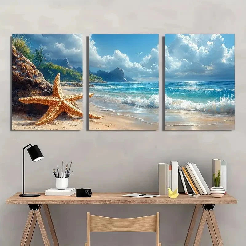 3pcs Coastal Sea Turtle & Starfish Beach Sunset  Wall Art Set Canvas Framed 40x60cm - High Quality Print 100% Australian Made Wall Canvas Ready to Hang - Bella Home Decor