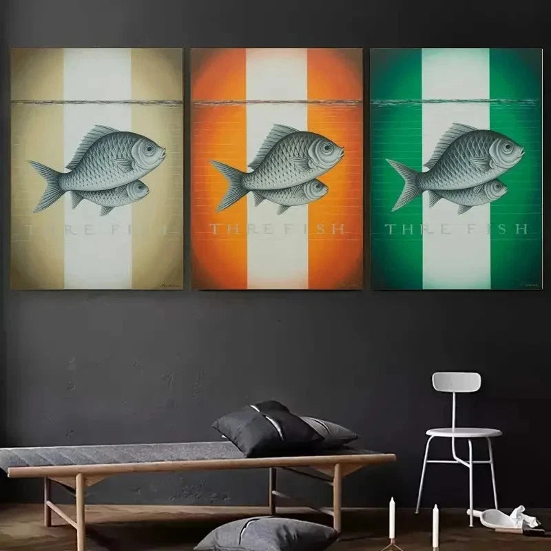 3pcs striped Background, Three Fish  Wall Art Set Canvas Framed 50x70cm - High Quality Print 100% Australian Made Wall Canvas Ready to Hang