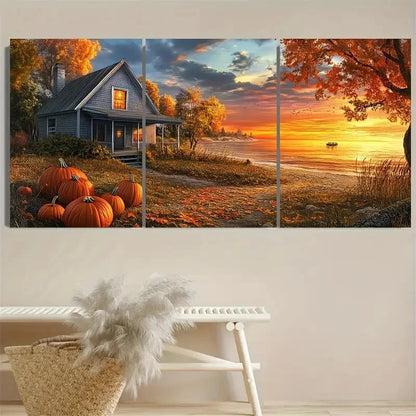 3pcs Vibrant Beach House & Pumpkin Wall Art Set Canvas Framed 50x70cm - High Quality Print 100% Australian Made Wall Canvas Ready to Hang - Bella Home Decor