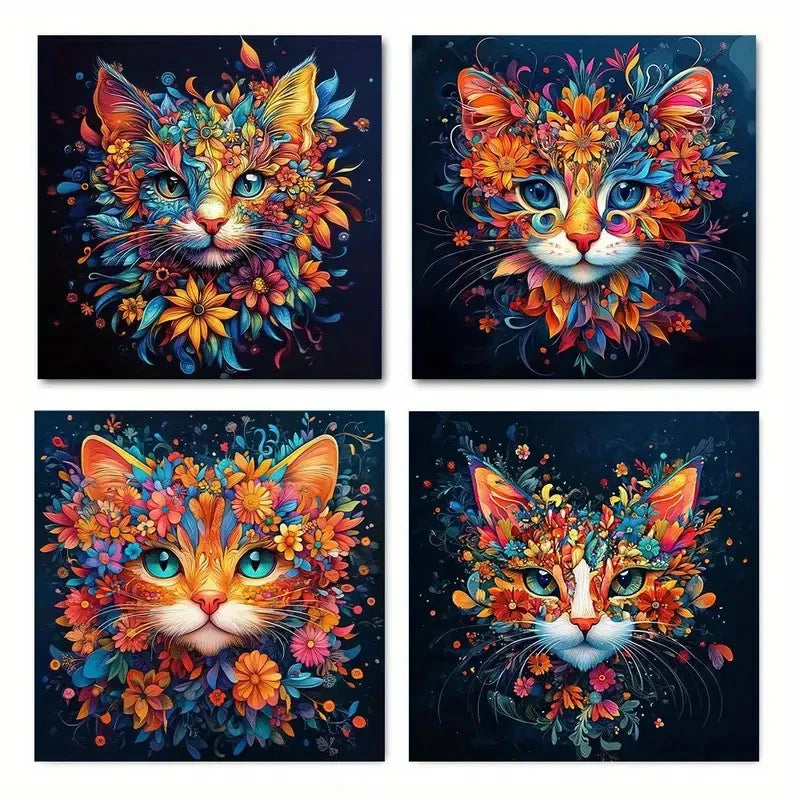 4pcs Vibrant Cat,Colorful Floral Feline Designs Wall Art Canvas Framed