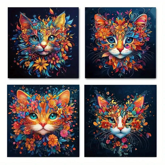 4pcs Vibrant Cat,Colorful Floral Feline Designs Wall Art Canvas Framed