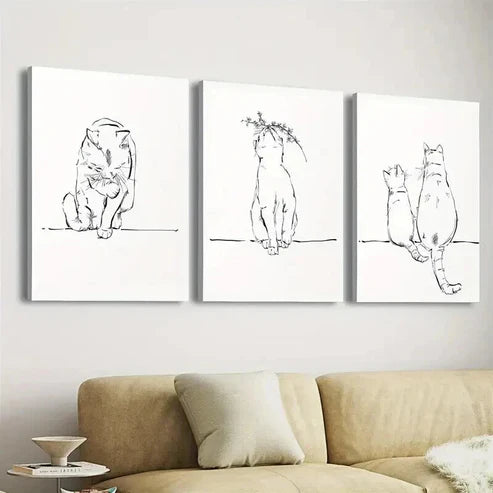 3pcs Black & White Cat Sketch Line Wall Art Canvas Unframed - High Quality Print 100% Australian Made Wall Canvas - Bella Home Decor
