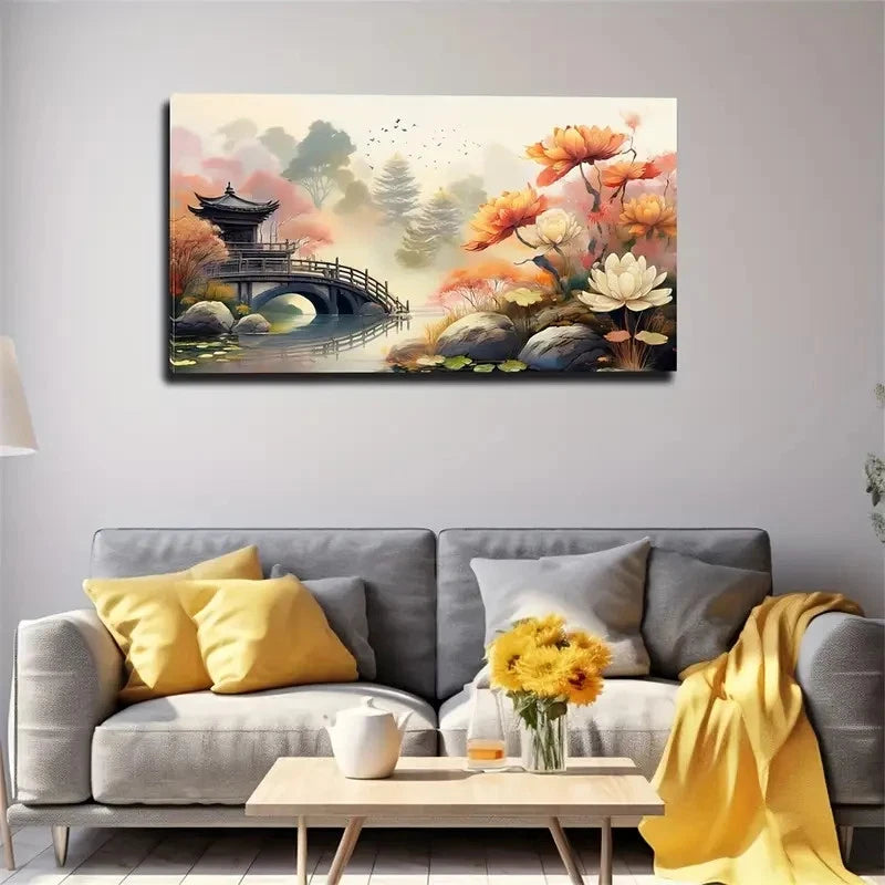 Vibrant Chinese Garden Lands Wall Art Canvas Office Home Room Framed 120x60cm
