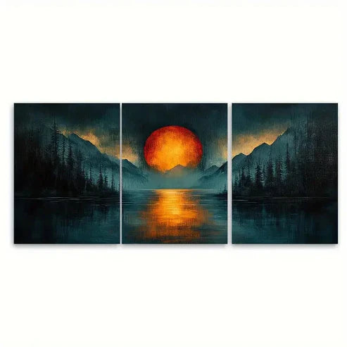 3pcs Cold Toned Blues Grunge Orange Sunset View Wall Art Set Canvas Unframed - High Quality Print 100% Australian Made Wall Canvas