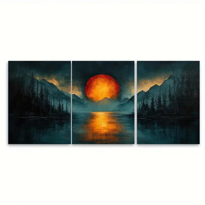 3pcs Cold Toned Blues Grunge Orange Sunset View Wall Art Set Canvas Unframed - High Quality Print 100% Australian Made Wall Canvas