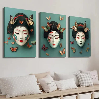3pcs Elegant Geisha Mask and Butterfly Wall Art Set Canvas Unframed - High Quality Print 100% Australian Made Wall Canvas