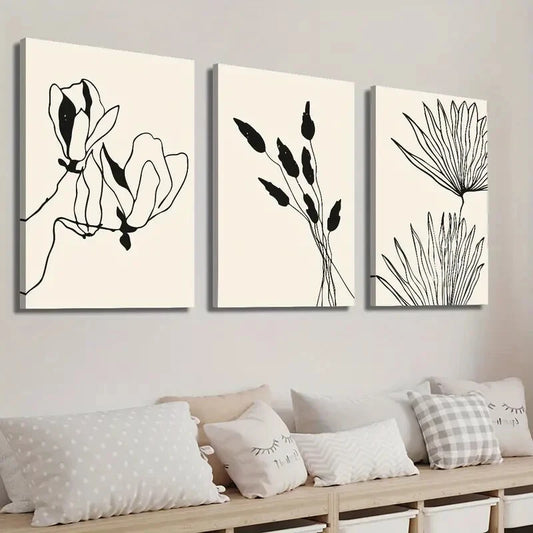3pcs Abstract Beige and Black Botanical Floral Wall Art Set Canvas Framed 40x60cm - High Quality Print 100% Australian Made Wall Canvas Ready to Hang