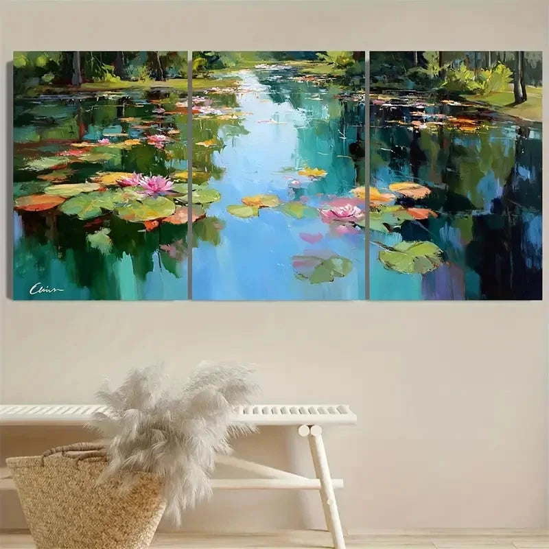 3pcs Elegant Pond With Greenery Lilies Wall Art Set Canvas Framed 50x70cm - High Quality Print 100% Australian Made Wall Canvas Ready to Hang