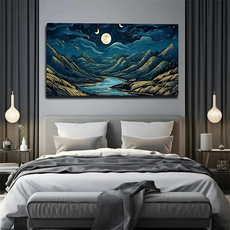 Starry Night Over Mountain Wall Art Canvas Office Home Room Framed 120x60cm