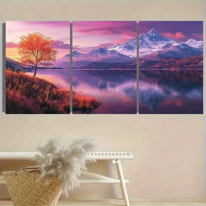 3pcs Purple Mountain Lake at Dusk Wall Art Set Canvas Unframed - High Quality Print 100% Australian Made Wall Canvas - Bella Home Decor