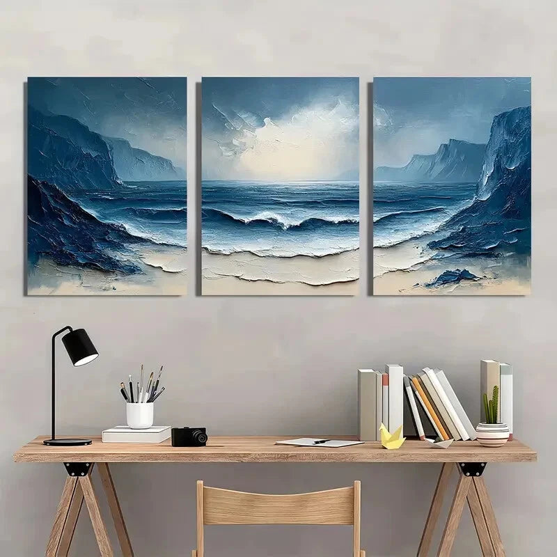 3pcs Coastal Landscape Painting Ocean Abstract Metal Print Ready to Hang Art - Bella Home Decor
