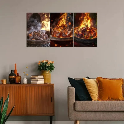 3pcs Vintage-Inspired with Warm Fire & Meat Scene Metal Print Ready to Hang Art - Bella Home Decor