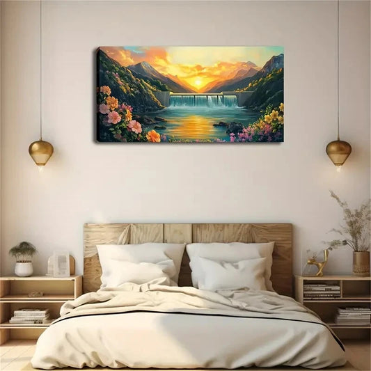 Minimalist Waterfall & Sunrise Wall Art Canvas Office Home Room Framed 120x60cm