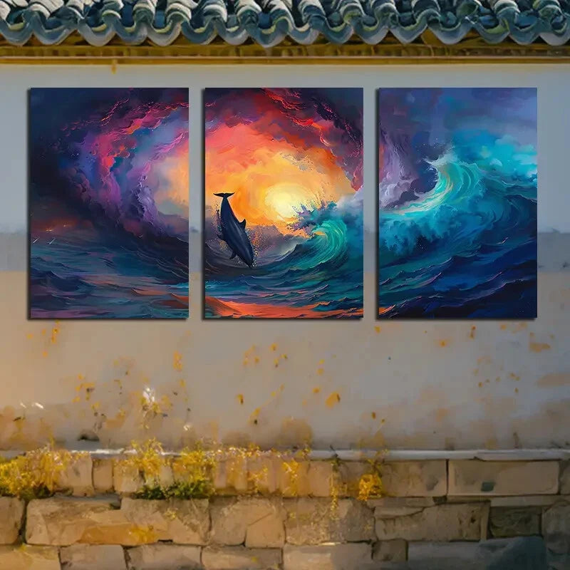 3pcs Vibrant Dolphin Seascape Abstract Ocean Wave Metal Print Ready to Hang Art