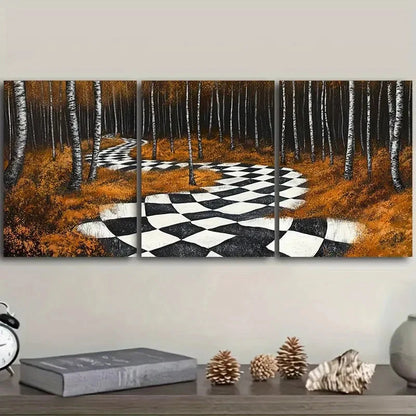 3pcs Black & White Checkered Pathway in Forest Wall Art Set Canvas Framed 50x70cm - High Quality Print 100% Australian Made Wall Canvas Ready to Hang - Bella Home Decor
