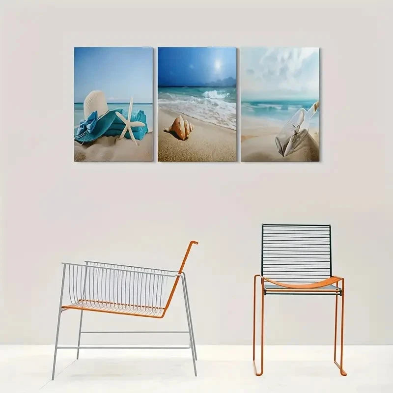 3pcs Beach Ocean Waves and Seashells Metal Print Ready to Hang Art - Bella Home Decor