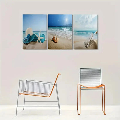 3pcs Beach Ocean Waves and Seashells Metal Print Ready to Hang Art - Bella Home Decor