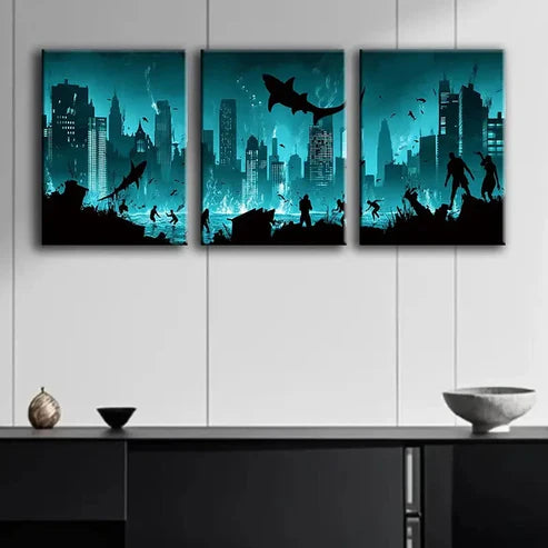 3pcs A City Submerged in the Ocean Blue Dark Wall Art Set Canvas Unframed - High Quality Print 100% Australian Made Wall Canvas - Bella Home Decor