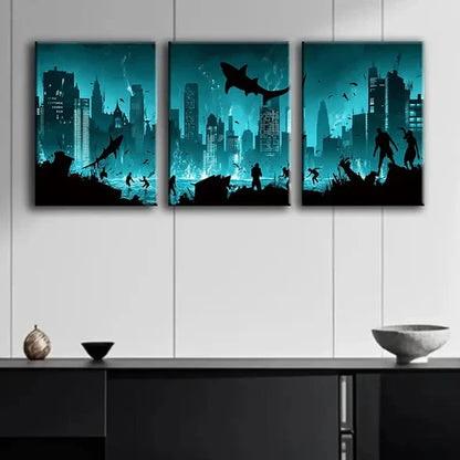 3pcs A City Submerged in the Ocean Blue Dark Wall Art Set Canvas Unframed - High Quality Print 100% Australian Made Wall Canvas - Bella Home Decor