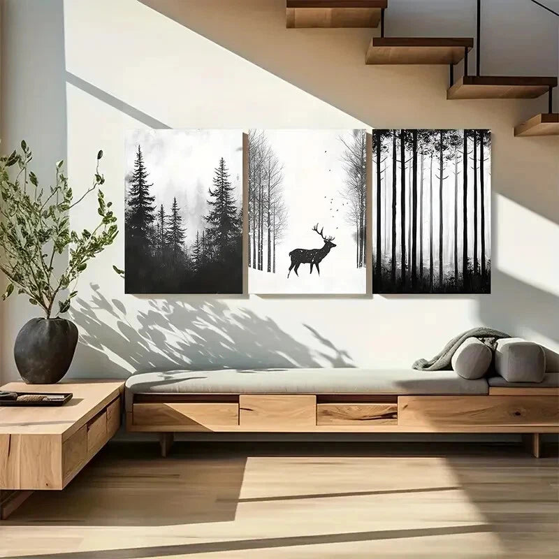 3pcs Deer in Winter Forest Nature Design Metal Print Ready to Hang Art - Bella Home Decor