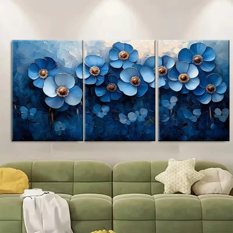 3pcs Delicate Blue Floral Metal Print Ready to Hang Art - Bella Home Decor
