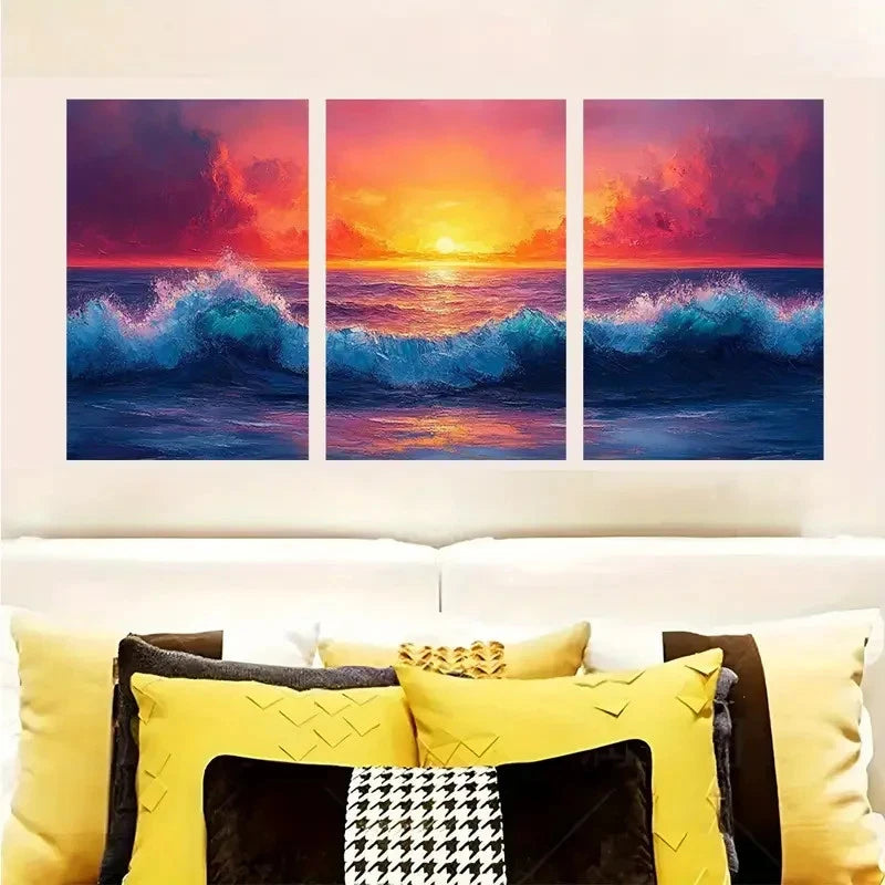 3pcs Vibrant Sunset Over Crashing Ocean Waves  Wall Art Set Canvas Framed 60x90cm - High Quality Print 100% Australian Made Wall Canvas Ready to Hang - Bella Home Decor