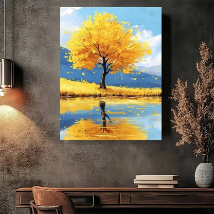 Beautiful Golden Autumn Tree Reflection Painting 40x60cm Metal Print Ready to Hang - Bella Home Decor