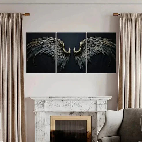 3pcs Abstract Black Angel Wings Golden Wall Art Set Canvas Unframed - High Quality Print 100% Australian Made Wall Canvas - Bella Home Decor