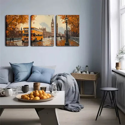 3pcs Cityscape with Yellow Double-Decker Buses Wall Art Set Canvas Unframed - High Quality Print 100% Australian Made Wall Canvas - Bella Home Decor