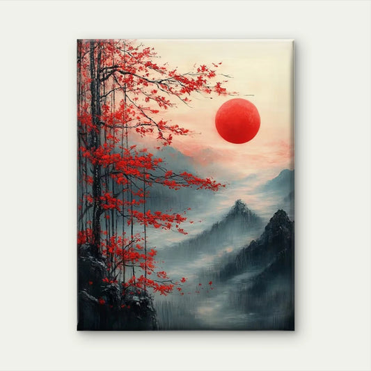 Japanese Red Maple Misty Mountain Landscape Metal Print Ready to Hang