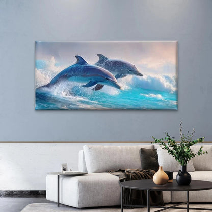 Dolphins in Ocean Waves Wall Art Canvas Office Home Room Framed 120x60cm