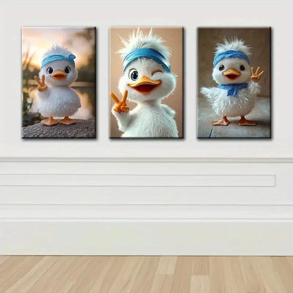 3pcs Cute White Duck Painting Wall Art Set Canvas Framed 50x70cm - High Quality Print 100% Australian Made Wall Canvas Ready to Hang - Bella Home Decor
