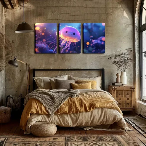 3pcs A Cute Magic Jellyfish Wall Art Set Wall Art Canvas Unframed - High Quality Print 100% Australian Made Wall Canvas - Bella Home Decor