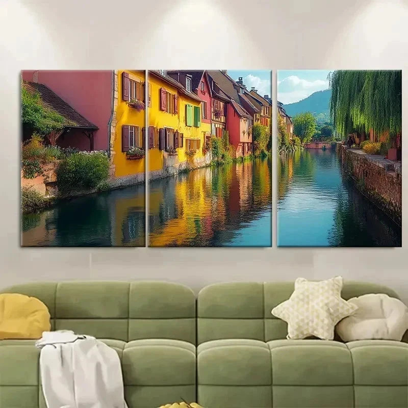 3pcs Alsace Canal Architecture FO Wall Art Set Canvas Framed 60x90cm - High Quality Print 100% Australian Made Wall Canvas Ready to Hang - Bella Home Decor