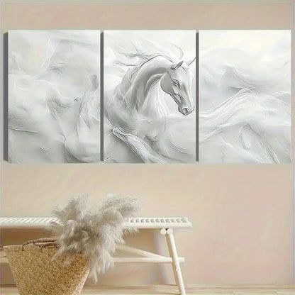 3pcs Elegant White Horse Illustration Wall Art Set Canvas Framed 50x70cm - High Quality Print 100% Australian Made Wall Canvas Ready to Hang