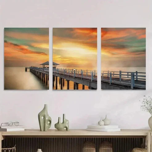 3pcs Sunset Dock Triptych Orange Yellow Green Wall Art Set Canvas Unframed - High Quality Print 100% Australian Made Wall Canvas