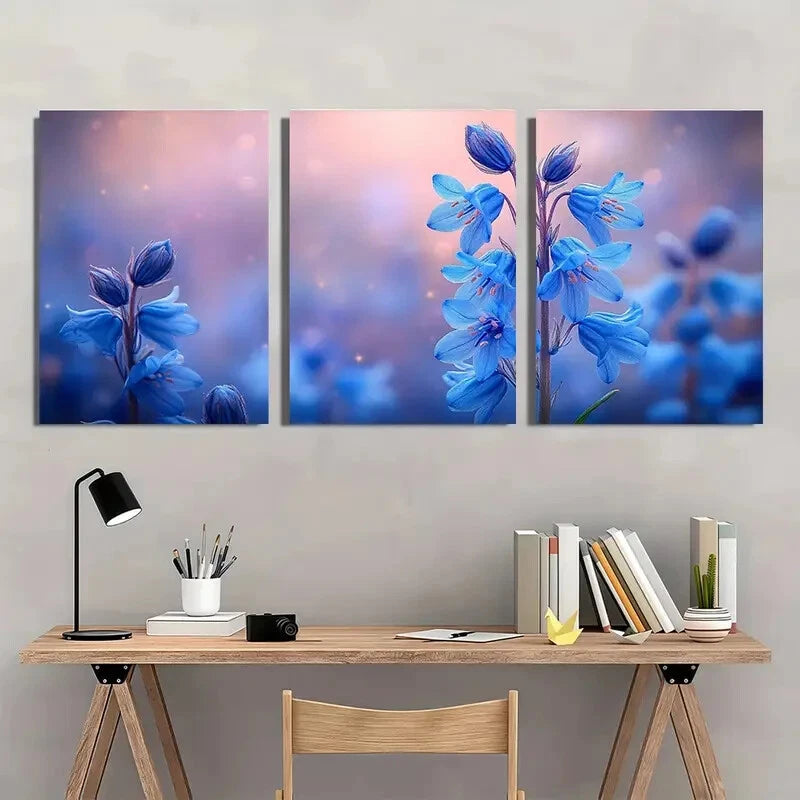 3pcs Featuring Vibrant Bluebells in Pink and Blue Metal Print Ready to Hang Art - Bella Home Decor